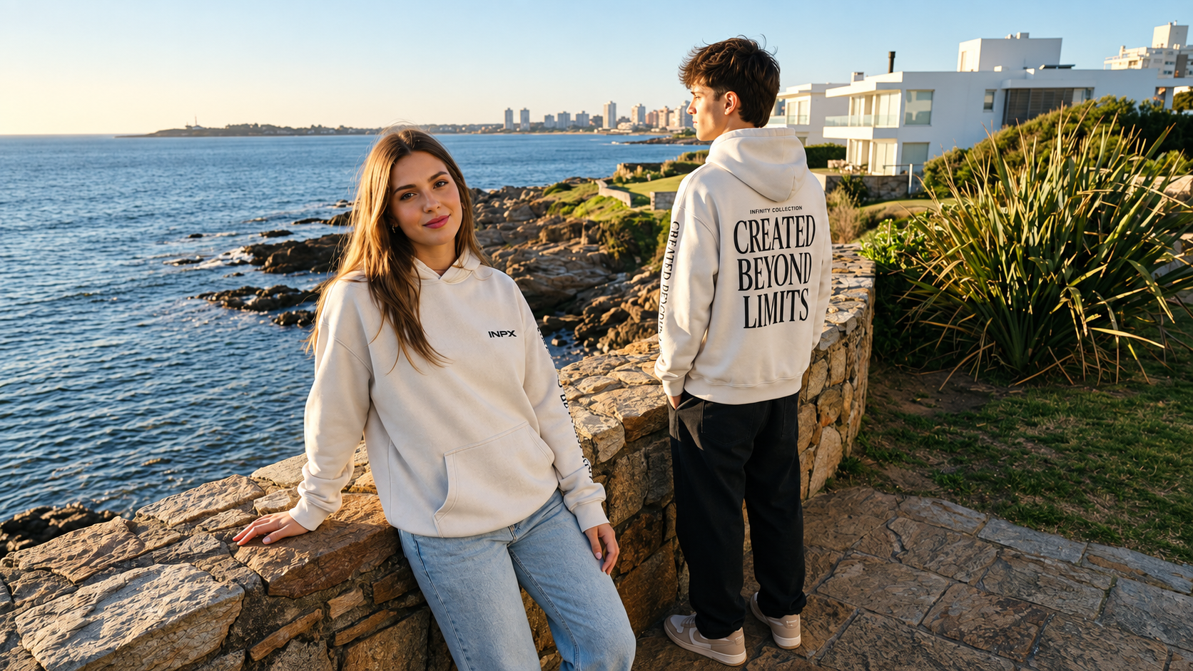 Hoodies blanco y negro INFX sobre rocas